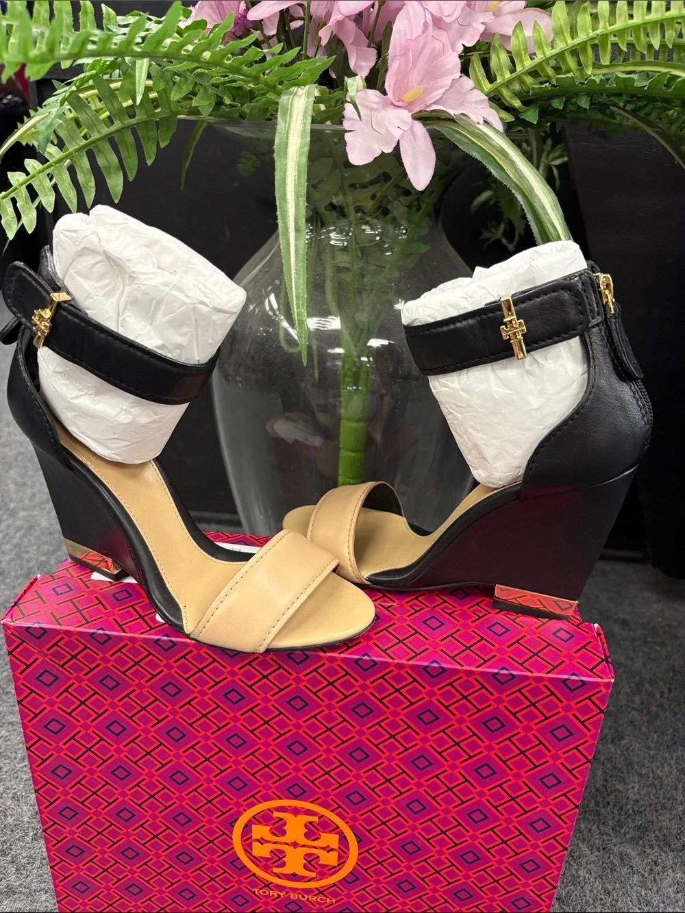 Tory Burch Two-Tone Open-Toe Ankle Strap Heels in Beige and Black